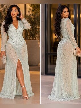 Starlet Sequin Embellished Sheer Maxi Dress Sage Green Size 10